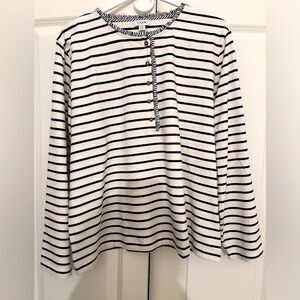 NWT - J. Crew women’s white shirt with navy stripes and ruffle collar/placket